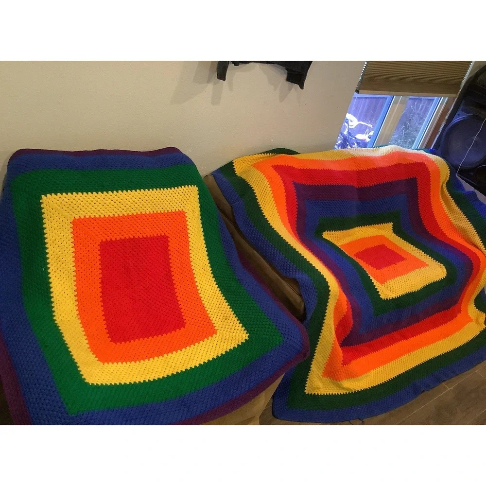 2 Unique Handmade Crochet Throw Blanket  Bedding Rainbow Knitted - Picture 3 of 4